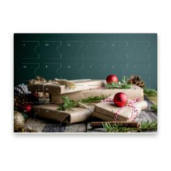Großer Adventskalender für 24 Pralinen und Trüffel, Motiv „Geschenke einpacken“ mit Türchen und Nummern