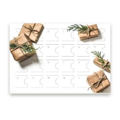 Großer Adventskalender für 24 Pralinen und Trüffel, Motiv „Geschenke in Kraftpapier“ mit Türchen und Nummern
