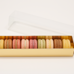 12er Macaron-Verpackung stehend mit Klarsichtdeckel, Farbe Gold