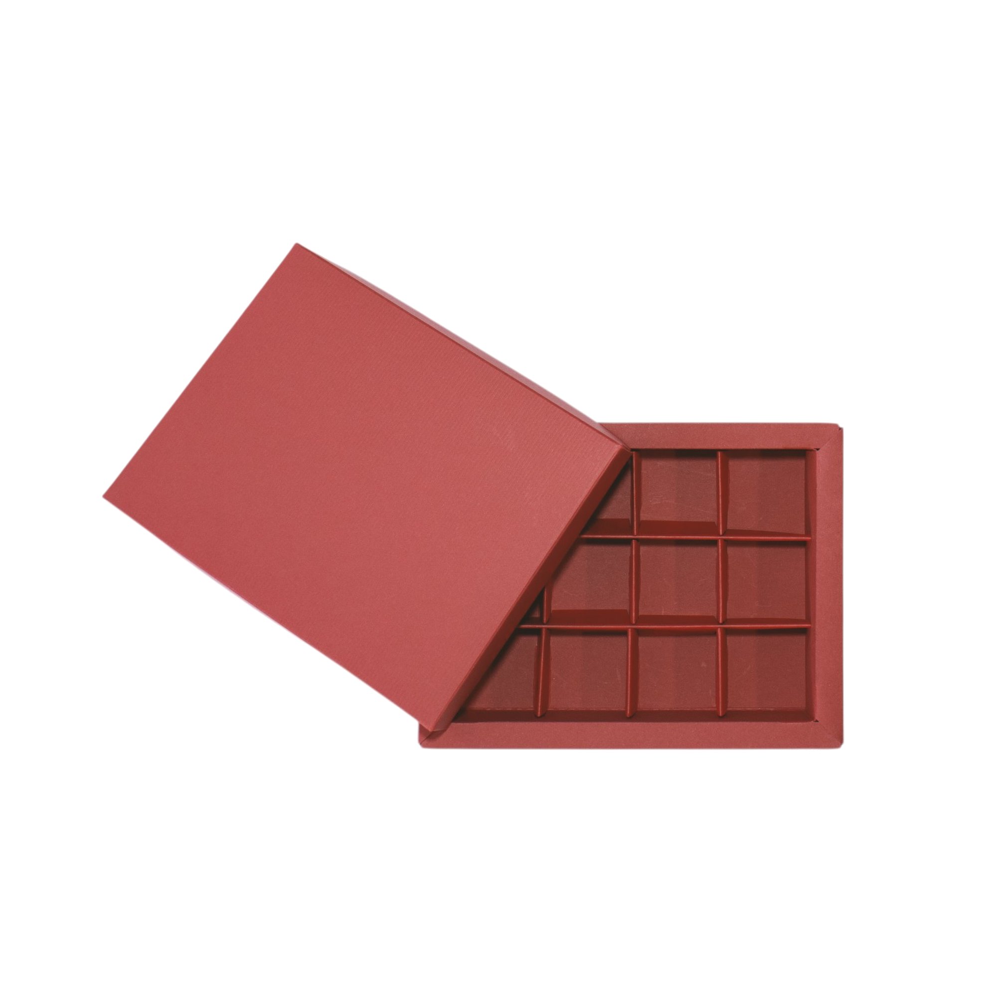 12er Pralinenschachtel „Sirio“ mit Kartondeckel in Rot, Draufsicht