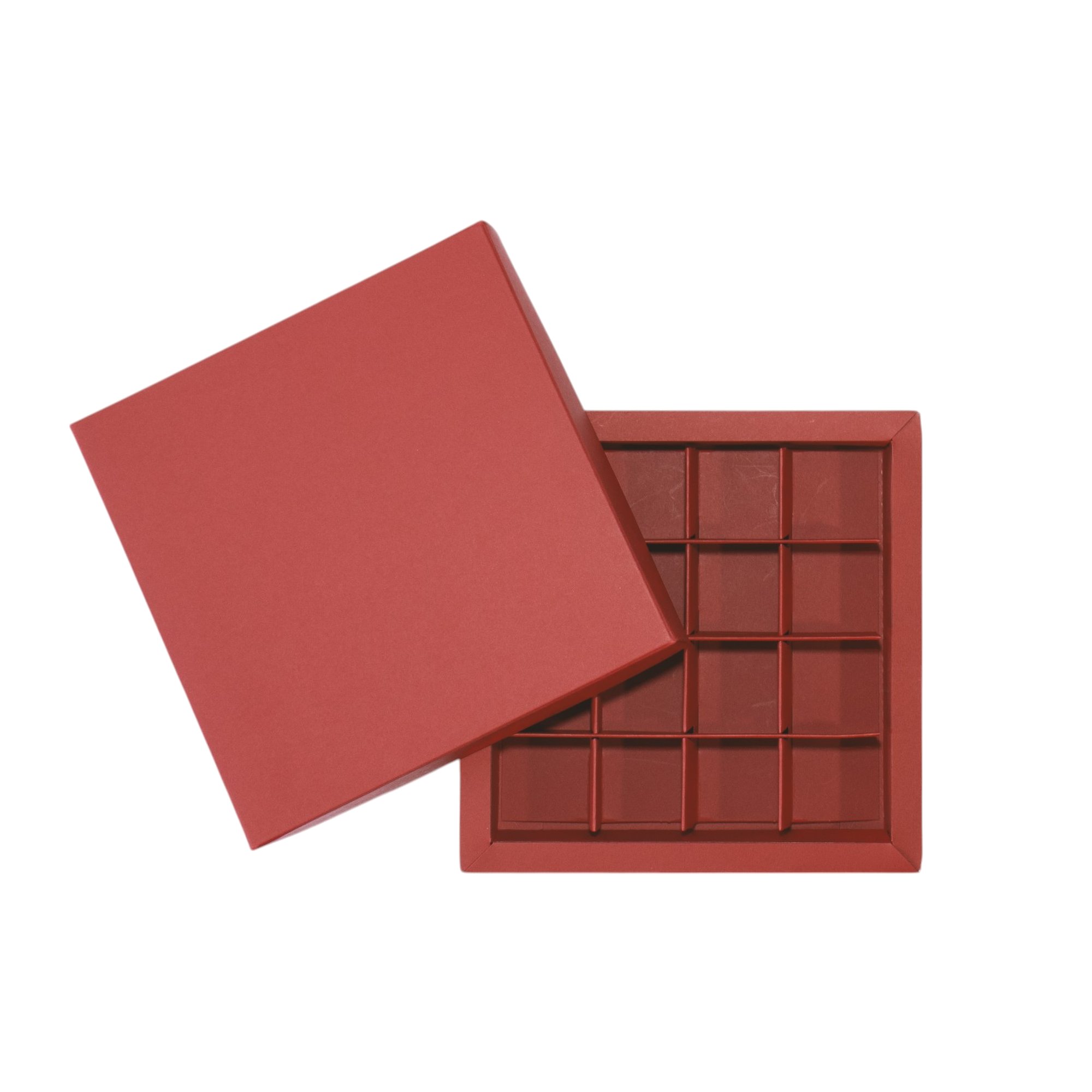 16er Pralinenschachtel „Sirio“ mit Kartondeckel in Rot, Draufsicht