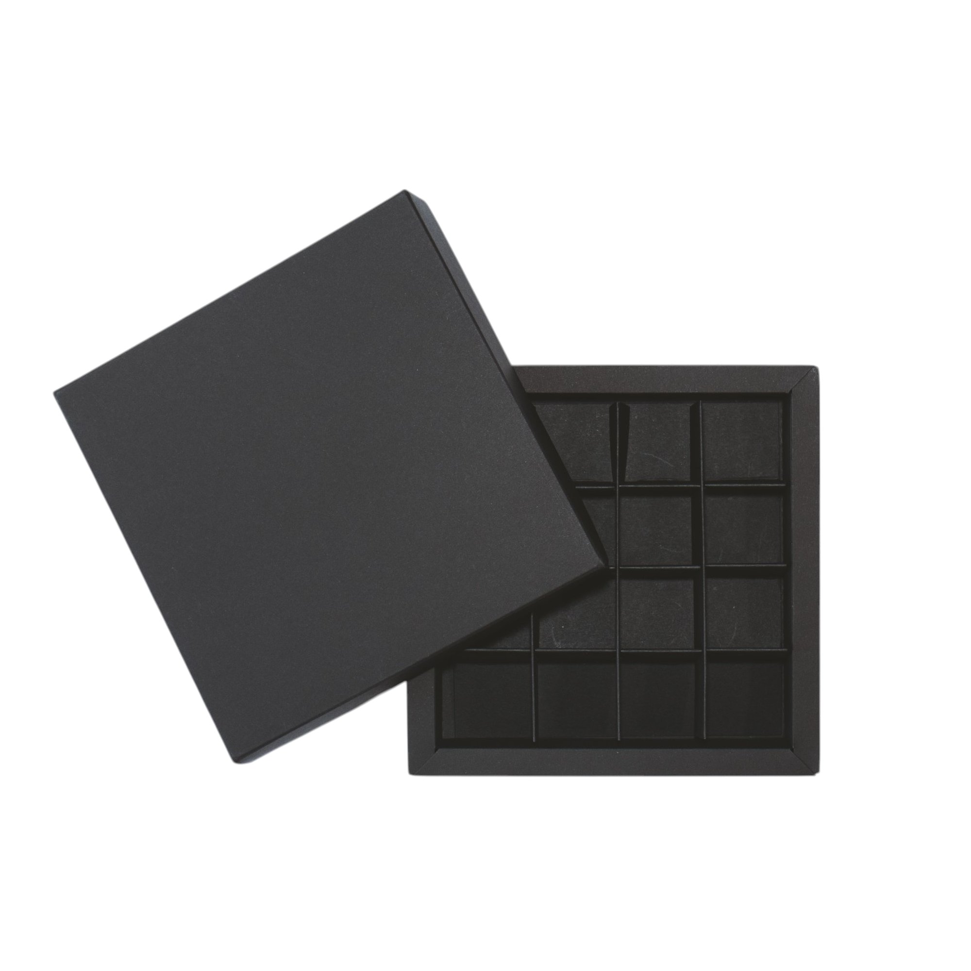 16er Pralinenschachtel „Sirio“ mit Kartondeckel in Schwarz, Draufsicht
