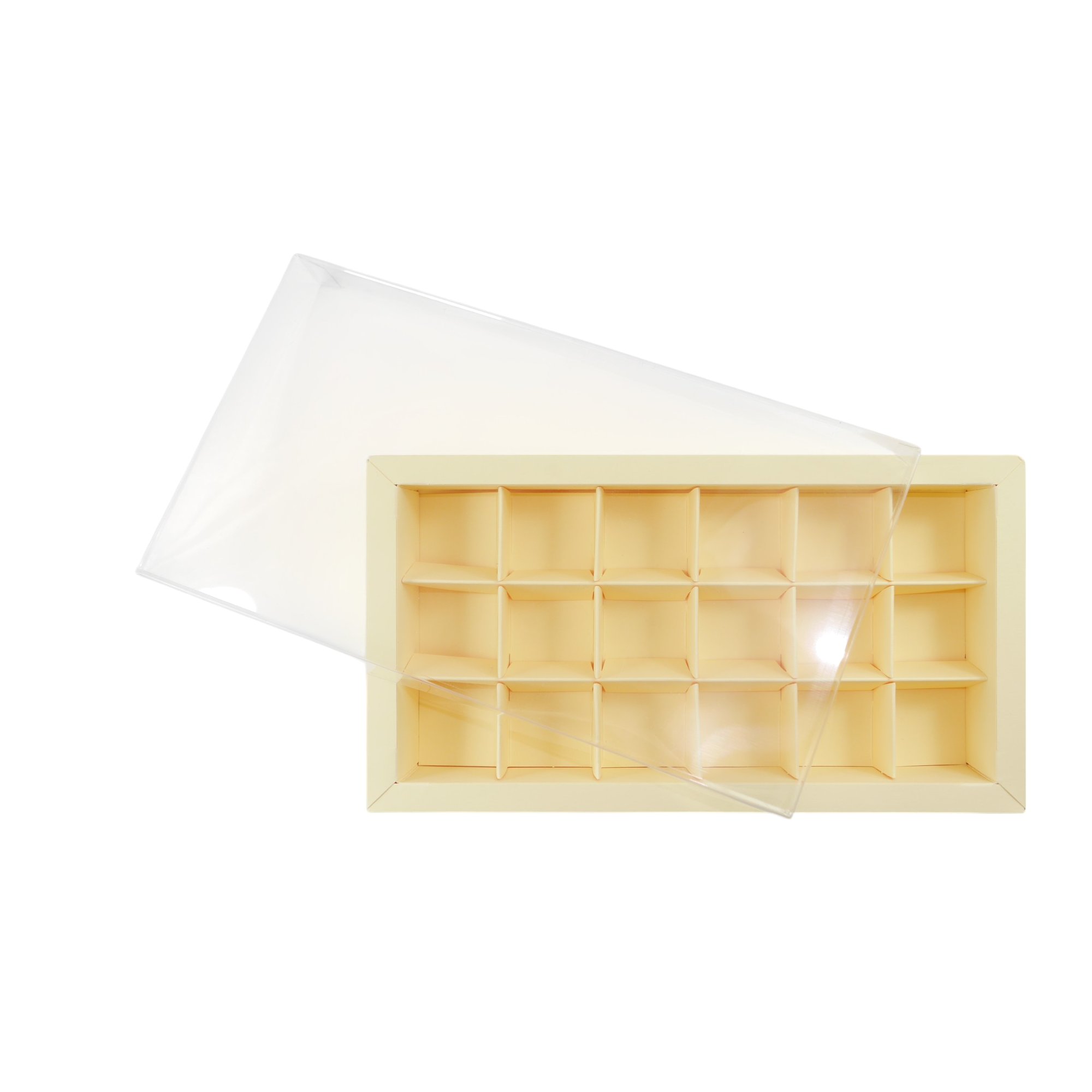 18er Pralinenschachtel „Sirio“ mit Klarsichtdeckel in Creme, Draufsicht