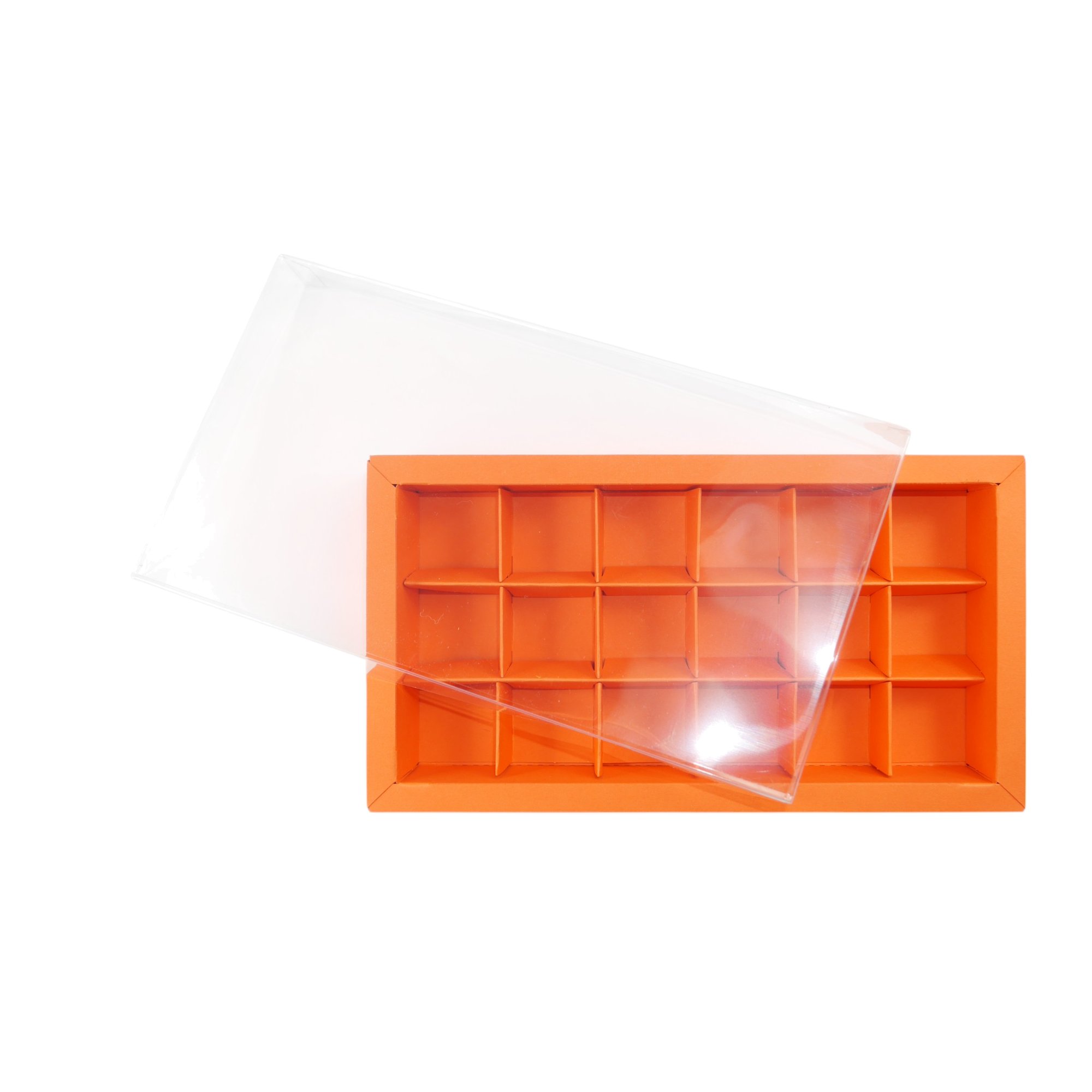 18er Pralinenschachtel „Sirio“ mit Klarsichtdeckel in Orange, Draufsicht