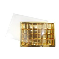 24er Pralinenschachtel „Sirio“ mit Klarsichtdeckel in Gold, Draufsicht