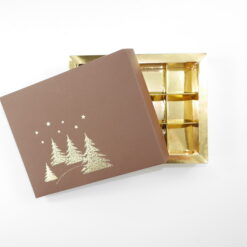7812-2003 pralinenschachtel-12-pralinen-carruba-praegung-gold-vier-tannen-kartondeckel-verpackung