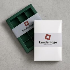 Banderolen mit Kundenlogo auf Pralinenschachteln „Sirio“ in Dunkelgrün und Weiß