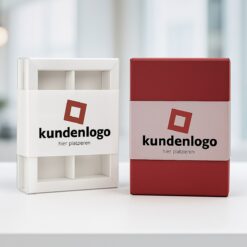 Banderolen mit Kundenlogo auf Pralinenschachteln „Sirio“ in Weiß und Rot