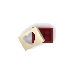 6er Pralinenschachtel mit Herz-Fenster, Deckel Creme, Boden Rot