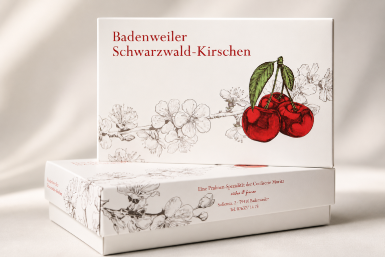 Sonderanfertigung: bedruckte Pralinenschachtel „Badenweiler Schwarzwald-Kirschen“