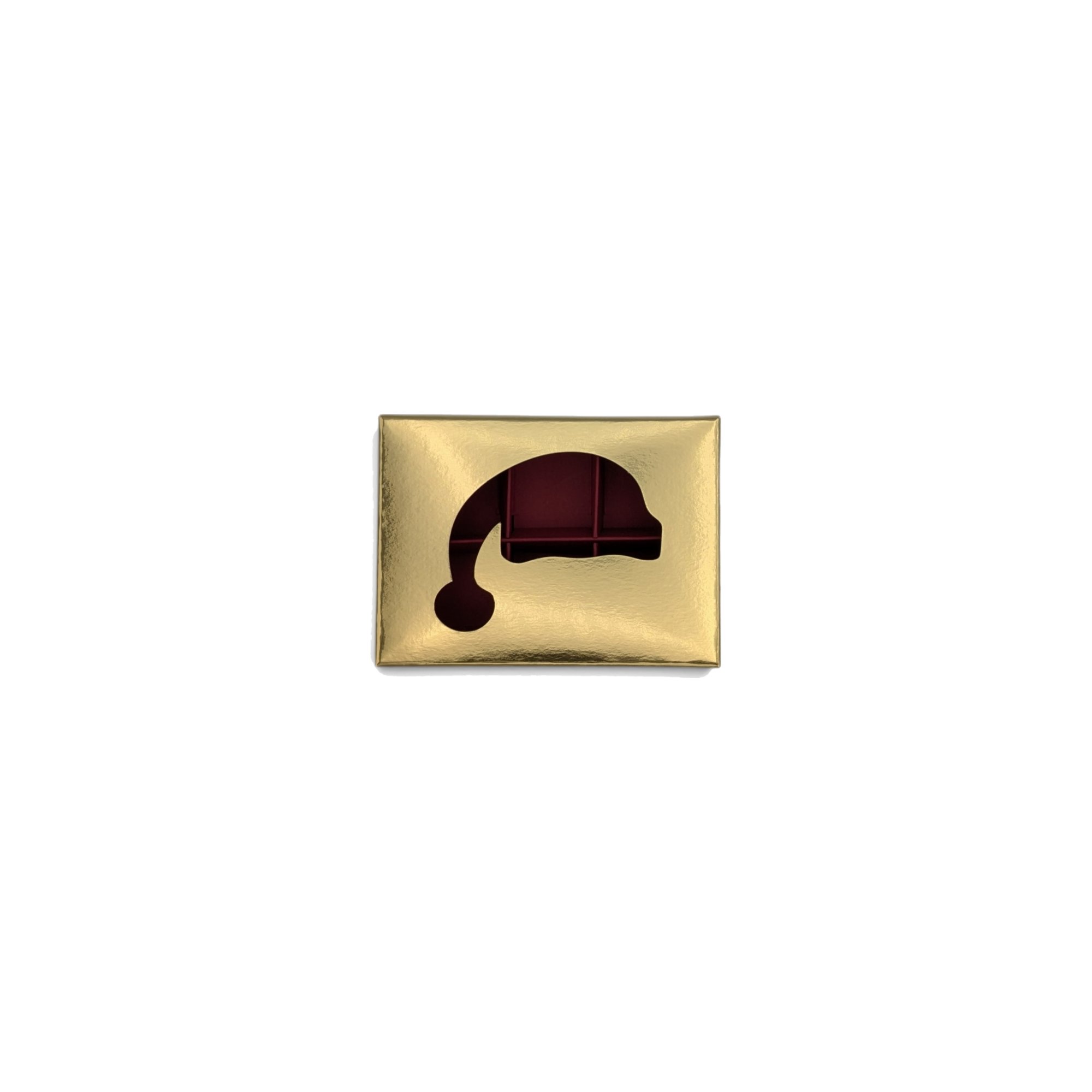 6er Pralinenschachtel mit Nikolausmützen-Fenster in Gold, Draufsicht