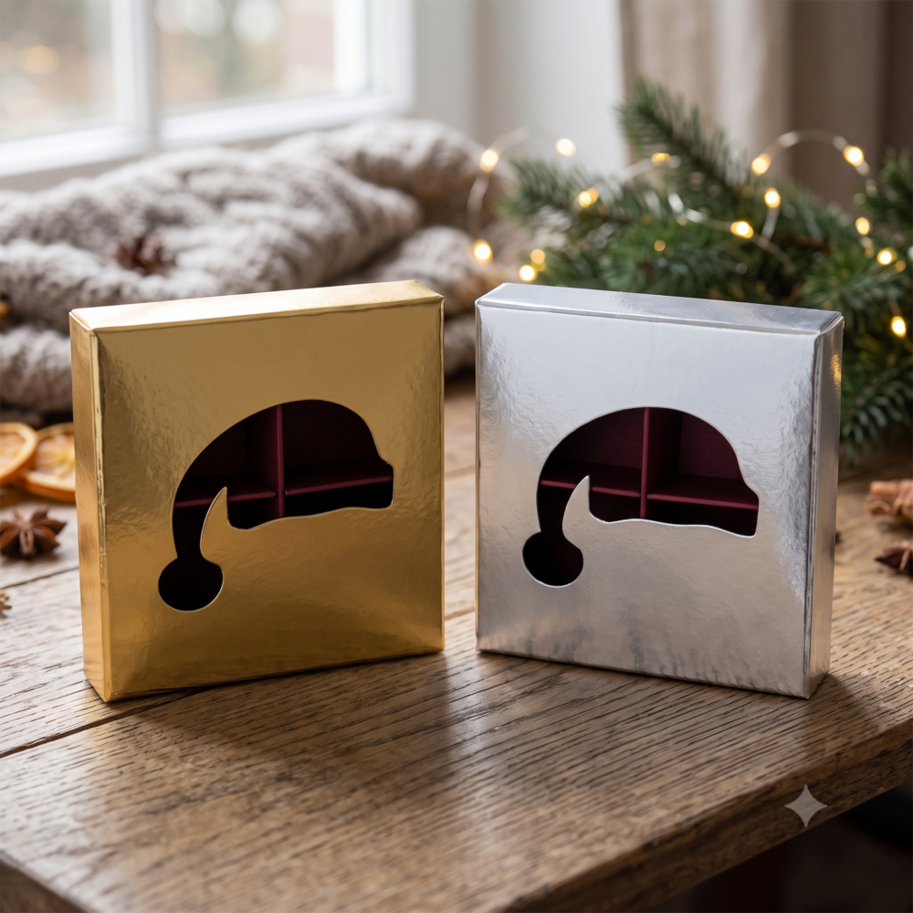 Pralinen-Verpackung Nikolausmütze 4er – mit Sichtfenster