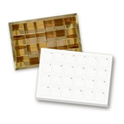 Kleiner Adventskalender für 24 Pralinen, weißer Deckel mit Türchen und Nummern für Ihr eigenes Motiv