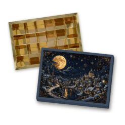 Kleiner Adventskalender für 24 Pralinen, Motiv „Goldene Weihnacht“, Deckel auf goldenem Sirio-Boden