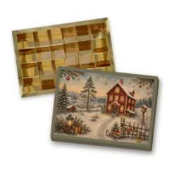 Kleiner Adventskalender für 24 Pralinen, Motiv „Hygge“, Deckel auf goldenem Sirio-Boden