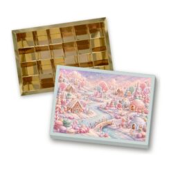 Kleiner Adventskalender für 24 Pralinen, Motiv „Zuckerwatte“, Deckel auf goldenem Sirio-Boden